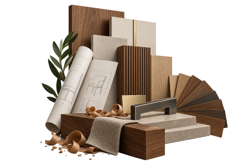 Al Wahid Furnitures material composition featuring solid walnut, architectural blueprints, fluted panels, veneers, bouclé fabric and brushed bronze hardware